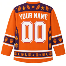Load image into Gallery viewer, Ugly Thanksgiving Harvest Moon Owl Hockey Jersey in Harvest Moon Orange, back view with a feather-and-star yoke, acorn and oak-leaf sleeve bands, owl-and-moon hem band, arched YOUR NAME lettering and 00 – custom name and number