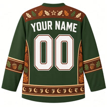 Load image into Gallery viewer, Ugly Thanksgiving Harvest Moon Owl Hockey Jersey in Moss Green, back view with a feather-and-star yoke, acorn and oak-leaf sleeve bands, owl-and-moon hem band, arched YOUR NAME lettering and 00 – custom name and number