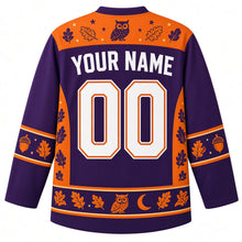 Load image into Gallery viewer, Ugly Thanksgiving Harvest Moon Owl Hockey Jersey in Deep Plum, back view with a feather-and-star yoke, acorn and oak-leaf sleeve bands, owl-and-moon hem band, arched YOUR NAME lettering and 00 – custom name and number