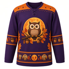 Load image into Gallery viewer, Ugly Thanksgiving Harvest Moon Owl Hockey Jersey in Deep Plum, front view – deep plum body with harvest moon orange yoke with a round crest of a fluffy wide-eyed cartoon owl on an acorn-laden oak branch before a giant orange harvest moon, feather-and-star yoke, acorn and oak-leaf sleeve bands and an owl-and-moon hem band – custom name and number