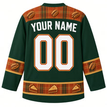 Load image into Gallery viewer, Ugly Thanksgiving Pecan Pie Plaid Hockey Jersey in Hunter Green, back view with a plaid-and-pecan yoke, flannel plaid sleeve bands, pie-slice plaid hem band, arched YOUR NAME lettering and 00 – custom name and number