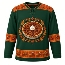 Load image into Gallery viewer, Ugly Thanksgiving Pecan Pie Plaid Hockey Jersey in Hunter Green, front view – hunter green body with rust orange and gold plaid yoke with a round glossy pecan pie crest with whipped cream, flannel-check plaid yoke, plaid-and-pecan sleeve bands and a pie-slice plaid hem band – custom name and number
