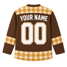 Load image into Gallery viewer, Ugly Thanksgiving Pecan Pie Plaid Hockey Jersey in Toasted Pecan, back view with a plaid-and-pecan yoke, flannel plaid sleeve bands, pie-slice plaid hem band, arched YOUR NAME lettering and 00 – custom name and number
