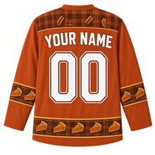 Load image into Gallery viewer, Ugly Thanksgiving Pecan Pie Plaid Hockey Jersey in Burnt Sienna, back view with a plaid-and-pecan yoke, flannel plaid sleeve bands, pie-slice plaid hem band, arched YOUR NAME lettering and 00 – custom name and number