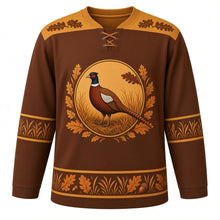 Load image into Gallery viewer, Ugly Thanksgiving Woodland Pheasant Brush Hockey Jersey in Pheasant Copper, front view – copper body with a pheasant feather-pattern yoke, round crest of a ring-necked pheasant in golden grass framed by oak leaves, grass sleeve bands and a hem band of oak leaves and autumn grass – custom name and number