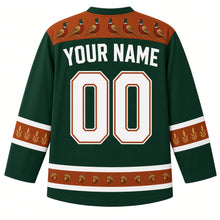Load image into Gallery viewer, Ugly Thanksgiving Woodland Pheasant Brush Hockey Jersey in Ringneck Green, back view – forest green body with a copper yoke showing a row of small pheasants, copper elbow bands with wheat and grass sprigs and an acorn hem band with white stripes, YOUR NAME and 00 – custom name and number