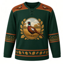 Load image into Gallery viewer, Ugly Thanksgiving Woodland Pheasant Brush Hockey Jersey in Ringneck Green, front view – forest green body with a copper yoke and a single pheasant on each shoulder, oak-leaf framed pheasant crest, golden grass elbow bands between copper stripes and an acorn and oak leaf hem band – custom name and number