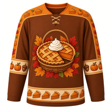 Load image into Gallery viewer, Ugly Thanksgiving Pumpkin Pie Party Hockey Jersey in Cinnamon Brown, front view – cinnamon brown body with pumpkin orange yoke with a round whole pumpkin pie crest with a lifted slice and whipped cream swirl, pie-slice yoke, piecrust and mini pumpkin sleeve bands and a pie-slice hem band – custom name and number