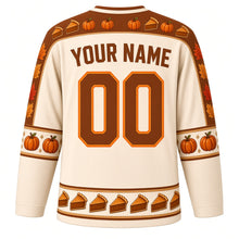 Load image into Gallery viewer, Ugly Thanksgiving Pumpkin Pie Party Hockey Jersey in Whipped Cream, back view with a pie-slice and whipped cream yoke, piecrust sleeve bands, pie-slice hem band, arched YOUR NAME lettering and 00 – custom name and number