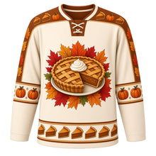 Load image into Gallery viewer, Ugly Thanksgiving Pumpkin Pie Party Hockey Jersey in Whipped Cream, front view – whipped cream white body with cinnamon brown yoke with a round whole pumpkin pie crest with a lifted slice and whipped cream swirl, pie-slice yoke, piecrust and mini pumpkin sleeve bands and a pie-slice hem band – custom name and number