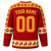 Load image into Gallery viewer, Ugly Thanksgiving Pumpkin Pie Party Hockey Jersey in Maple Red, back view with a pie-slice and whipped cream yoke, piecrust sleeve bands, pie-slice hem band, arched YOUR NAME lettering and 00 – custom name and number