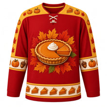 Load image into Gallery viewer, Ugly Thanksgiving Pumpkin Pie Party Hockey Jersey in Maple Red, front view – maple red body with golden yellow yoke with a round whole pumpkin pie crest with a lifted slice and whipped cream swirl, pie-slice yoke, piecrust and mini pumpkin sleeve bands and a pie-slice hem band – custom name and number