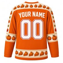 Load image into Gallery viewer, Ugly Thanksgiving Pumpkin Pie Party Hockey Jersey in Pumpkin Orange, back view with a pie-slice and whipped cream yoke, piecrust sleeve bands, pie-slice hem band, arched YOUR NAME lettering and 00 – custom name and number