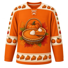 Load image into Gallery viewer, Ugly Thanksgiving Pumpkin Pie Party Hockey Jersey in Pumpkin Orange, front view – pumpkin orange body with cream yoke with a round whole pumpkin pie crest with a lifted slice and whipped cream swirl, pie-slice yoke, piecrust and mini pumpkin sleeve bands and a pie-slice hem band – custom name and number