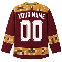 Load image into Gallery viewer, Ugly Thanksgiving Harvest Quilt Patchwork Hockey Jersey in Burgundy, back view with a patchwork-square and sewn-button yoke, patchwork-and-button sleeve bands, a patchwork quilt-block and button hem band, arched YOUR NAME lettering and 00 – custom name and number