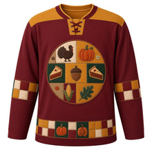 Load image into Gallery viewer, Ugly Thanksgiving Harvest Quilt Patchwork Hockey Jersey in Burgundy, front view – burgundy body with plain mustard gold yoke with a round stitched felt patchwork quilt crest with appliqué turkey, pumpkin, pie slice, acorn, ear of corn and oak leaf blocks, running-stitch seams and buttons, checkerboard patchwork sleeve bands and a patchwork pumpkin hem band – custom name and number