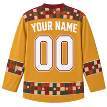Load image into Gallery viewer, Ugly Thanksgiving Harvest Quilt Patchwork Hockey Jersey in Mustard Gold, back view with a patchwork-square and sewn-button yoke, patchwork-and-button sleeve bands, a patchwork quilt-block and button hem band, arched YOUR NAME lettering and 00 – custom name and number