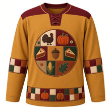 Load image into Gallery viewer, Ugly Thanksgiving Harvest Quilt Patchwork Hockey Jersey in Mustard Gold, front view – mustard gold body with plain burgundy yoke with a round stitched felt patchwork quilt crest with appliqué turkey, pumpkin, pie slice, acorn, ear of corn and oak leaf blocks, running-stitch seams and buttons, checkerboard patchwork sleeve bands and a patchwork pumpkin hem band – custom name and number