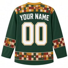 Load image into Gallery viewer, Ugly Thanksgiving Harvest Quilt Patchwork Hockey Jersey in Pine Green, back view with a patchwork-square and sewn-button yoke, patchwork-and-button sleeve bands, a patchwork quilt-block and button hem band, arched YOUR NAME lettering and 00 – custom name and number