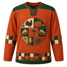 Load image into Gallery viewer, Ugly Thanksgiving Harvest Quilt Patchwork Hockey Jersey in Rust Orange, front view – rust orange body with plain pine green yoke with a round stitched felt patchwork quilt crest with appliqué turkey, pumpkin, pie slice, acorn, ear of corn and oak leaf blocks, running-stitch seams and buttons, checkerboard patchwork sleeve bands and a patchwork pumpkin hem band – custom name and number