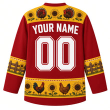 Load image into Gallery viewer, Ugly Thanksgiving Farmhouse Rooster Hockey Jersey in Barn Red, back view with a sunflower yellow yoke with turkeys and sunflowers, fence-rail and sunflower sleeve bands, rooster, hen and sunflower hem band, arched YOUR NAME lettering and 00 – custom name and number
