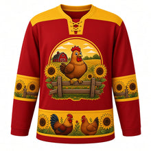 Load image into Gallery viewer, Ugly Thanksgiving Farmhouse Rooster Hockey Jersey in Barn Red, front view – barn red body with sunflower yellow yoke with a round crest of a plump storybook cartoon rooster crowing on a split-rail fence between tall sunflowers with a red barn and golden fields behind, sunflower-and-feather yoke, fence-rail and sunflower sleeve bands and a rooster-hen-sunflower hem band – custom name and number