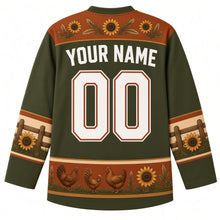Load image into Gallery viewer, Ugly Thanksgiving Farmhouse Rooster Hockey Jersey in Olive Green, back view with a sunflower-and-feather yoke, fence-rail and sunflower sleeve bands, rooster, hen and sunflower hem band, arched YOUR NAME lettering and 00 – custom name and number