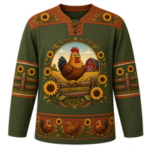 Load image into Gallery viewer, Ugly Thanksgiving Farmhouse Rooster Hockey Jersey in Olive Green, front view – olive green body with rust brown yoke with a round crest of a plump storybook cartoon rooster crowing on a split-rail fence between tall sunflowers with a red barn and golden fields behind, sunflower-and-feather yoke, fence-rail and sunflower sleeve bands and a rooster-hen-sunflower hem band – custom name and number