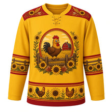 Load image into Gallery viewer, Ugly Thanksgiving Farmhouse Rooster Hockey Jersey in Sunflower Yellow, front view – sunflower yellow body with barn red yoke with a round crest of a plump storybook cartoon rooster crowing on a split-rail fence between tall sunflowers with a red barn and golden fields behind, sunflower-and-feather yoke, fence-rail and sunflower sleeve bands and a rooster-hen-sunflower hem band – custom name and number