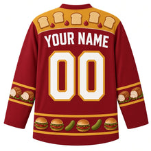 Load image into Gallery viewer, Ugly Thanksgiving Leftover Sandwich Stack Hockey Jersey in Cranberry Red, back view with a yoke of bread slices and cranberry dollops, roast turkey-roll sleeve bands, a mini-sandwich and pickle hem band, arched YOUR NAME lettering and 00 – custom name and number