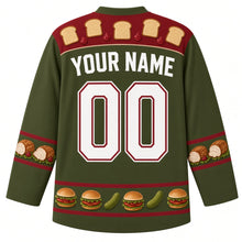 Load image into Gallery viewer, Ugly Thanksgiving Leftover Sandwich Stack Hockey Jersey in Olive Green, back view with a yoke of bread slices and cranberry dollops, roast turkey-roll sleeve bands, a mini-sandwich and pickle hem band, arched YOUR NAME lettering and 00 – custom name and number