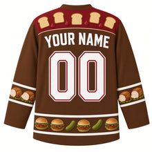 Load image into Gallery viewer, Ugly Thanksgiving Leftover Sandwich Stack Hockey Jersey in Toasted Rye, back view with a yoke of bread slices and cranberry dollops, roast turkey-roll sleeve bands, a mini-sandwich and pickle hem band, arched YOUR NAME lettering and 00 – custom name and number