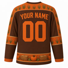 Load image into Gallery viewer, Ugly Thanksgiving Scarecrow Field Hockey Jersey in Chestnut Brown, back view with a corn and wheat yoke, patchwork sleeve bands, pumpkin and hay bale hem band, arched YOUR NAME lettering and 00 – custom name and number