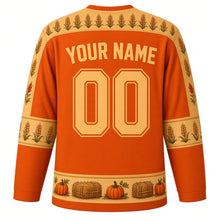 Load image into Gallery viewer, Ugly Thanksgiving Scarecrow Field Hockey Jersey in Burnt Orange, back view with a corn and wheat yoke, patchwork sleeve bands, pumpkin and hay bale hem band, arched YOUR NAME lettering and 00 – custom name and number