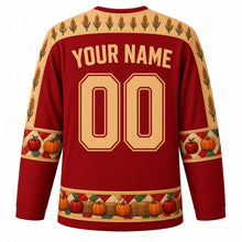 Load image into Gallery viewer, Ugly Thanksgiving Scarecrow Field Hockey Jersey in Barn Red, back view with a corn and wheat yoke, patchwork sleeve bands, pumpkin and hay bale hem band, arched YOUR NAME lettering and 00 – custom name and number