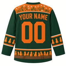 Load image into Gallery viewer, Ugly Thanksgiving Butternut Squash Stack Hockey Jersey in Forest Green, back view with a squash-seed and vine yoke, mini butternut squash sleeve bands, butternut squash and crate hem band, arched YOUR NAME lettering and 00 – custom name and number