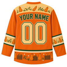 Load image into Gallery viewer, Ugly Thanksgiving Butternut Squash Stack Hockey Jersey in Squash Orange, back view with a squash-seed and vine yoke, mini butternut squash sleeve bands, butternut squash and crate hem band, arched YOUR NAME lettering and 00 – custom name and number