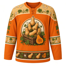 Load image into Gallery viewer, Ugly Thanksgiving Butternut Squash Stack Hockey Jersey in Squash Orange, front view – squash orange body with butternut tan yoke with a round crest of a teetering tower of butternut squashes stacked on a wooden crate with curling green vines and leaves and a halved squash showing orange flesh and seeds, squash-seed and vine yoke, mini butternut sleeve bands and a butternut-and-crate hem band – custom name and number