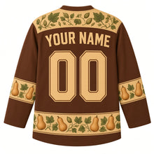 Load image into Gallery viewer, Ugly Thanksgiving Butternut Squash Stack Hockey Jersey in Spice Brown, back view with a squash-seed and vine yoke, mini butternut squash sleeve bands, butternut squash and crate hem band, arched YOUR NAME lettering and 00 – custom name and number