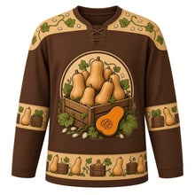 Load image into Gallery viewer, Ugly Thanksgiving Butternut Squash Stack Hockey Jersey in Spice Brown, front view – spice brown body with butternut tan yoke with a round crest of a teetering tower of butternut squashes stacked on a wooden crate with curling green vines and leaves and a halved squash showing orange flesh and seeds, squash-seed and vine yoke, mini butternut sleeve bands and a butternut-and-crate hem band – custom name and number