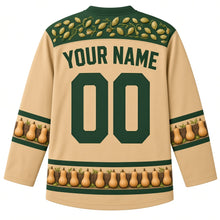 Load image into Gallery viewer, Ugly Thanksgiving Butternut Squash Stack Hockey Jersey in Butternut Tan, back view with a squash-seed and vine yoke, mini butternut squash sleeve bands, butternut squash and crate hem band, arched YOUR NAME lettering and 00 – custom name and number