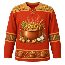 Load image into Gallery viewer, Ugly Thanksgiving Stuffing Stockpot Hockey Jersey in Paprika Red, front view – paprika red body with toasted gold yoke with a copper stockpot of toasted bread-cube stuffing with celery, onions and sage, rising steam and a wooden spoon, a bread-cube and sage-leaf yoke and celery and sage sleeve bands – custom name and number