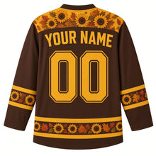 Load image into Gallery viewer, Ugly Thanksgiving Sunflower Harvest Field Hockey Jersey in Chocolate Brown, back view with a sunflower-seed yoke, sunflower-and-leaf sleeve bands, sunflower-head and autumn-leaf hem band, arched YOUR NAME lettering and 00 – custom name and number