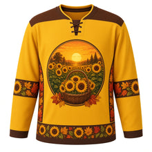 Load image into Gallery viewer, Ugly Thanksgiving Sunflower Harvest Field Hockey Jersey in Sunflower Gold, front view – sunflower gold body with chocolate brown yoke with a round crest of a glowing sunflower field at golden hour with rows of tall sunflowers, a low golden sun and a woven harvest basket overflowing with cut sunflower heads, sunflower-seed yoke, sunflower-and-leaf sleeve bands and a sunflower-head hem band – custom name and number