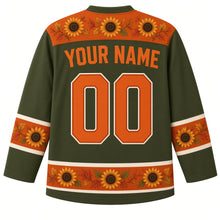 Load image into Gallery viewer, Ugly Thanksgiving Sunflower Harvest Field Hockey Jersey in Harvest Olive, back view with a sunflower-seed yoke, sunflower-and-leaf sleeve bands, sunflower-head and autumn-leaf hem band, arched YOUR NAME lettering and 00 – custom name and number