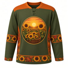 Load image into Gallery viewer, Ugly Thanksgiving Sunflower Harvest Field Hockey Jersey in Harvest Olive, front view – olive green body with burnt orange yoke with a round crest of a glowing sunflower field at golden hour with rows of tall sunflowers, a low golden sun and a woven harvest basket overflowing with cut sunflower heads, sunflower-seed yoke, sunflower-and-leaf sleeve bands and a sunflower-head hem band – custom name and number