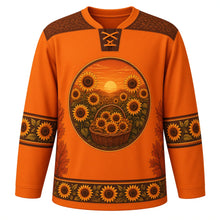 Load image into Gallery viewer, Ugly Thanksgiving Sunflower Harvest Field Hockey Jersey in Burnt Orange, front view – burnt orange body with chocolate brown yoke with a round crest of a glowing sunflower field at golden hour with rows of tall sunflowers, a low golden sun and a woven harvest basket overflowing with cut sunflower heads, sunflower-seed yoke, sunflower-and-leaf sleeve bands and a sunflower-head hem band – custom name and number