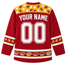 Load image into Gallery viewer, Ugly Thanksgiving Sweet Potato Casserole Hockey Jersey in Cranberry Red, back view with a marshmallow-and-pecan yoke, sweet potato slice sleeve bands, mini casserole hem band, arched YOUR NAME lettering and 00 – custom name and number