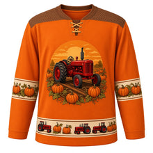 Load image into Gallery viewer, Ugly Thanksgiving Pumpkin Patch Tractor Hockey Jersey in Pumpkin Orange, front view – pumpkin orange body with walnut brown yoke with a round-topped crest of an unbranded vintage red farm tractor with big rear tires and a tall exhaust stack driving down a dirt row through a pumpkin patch with curly vines under a low orange sun, a tire-tread chevron yoke, cream pumpkin-vine sleeve bands and a cream tiny tractor and pumpkin hem band – custom name and number