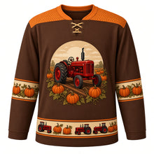Load image into Gallery viewer, Ugly Thanksgiving Pumpkin Patch Tractor Hockey Jersey in Walnut Brown, front view – walnut brown body with pumpkin orange yoke with a round-topped crest of an unbranded vintage red farm tractor with big rear tires and a tall exhaust stack driving down a dirt row through a pumpkin patch with curly vines under a low orange sun, a tire-tread chevron yoke, orange-trimmed cream pumpkin-vine sleeve bands and an orange-trimmed cream tiny tractor and pumpkin hem band – custom name and number